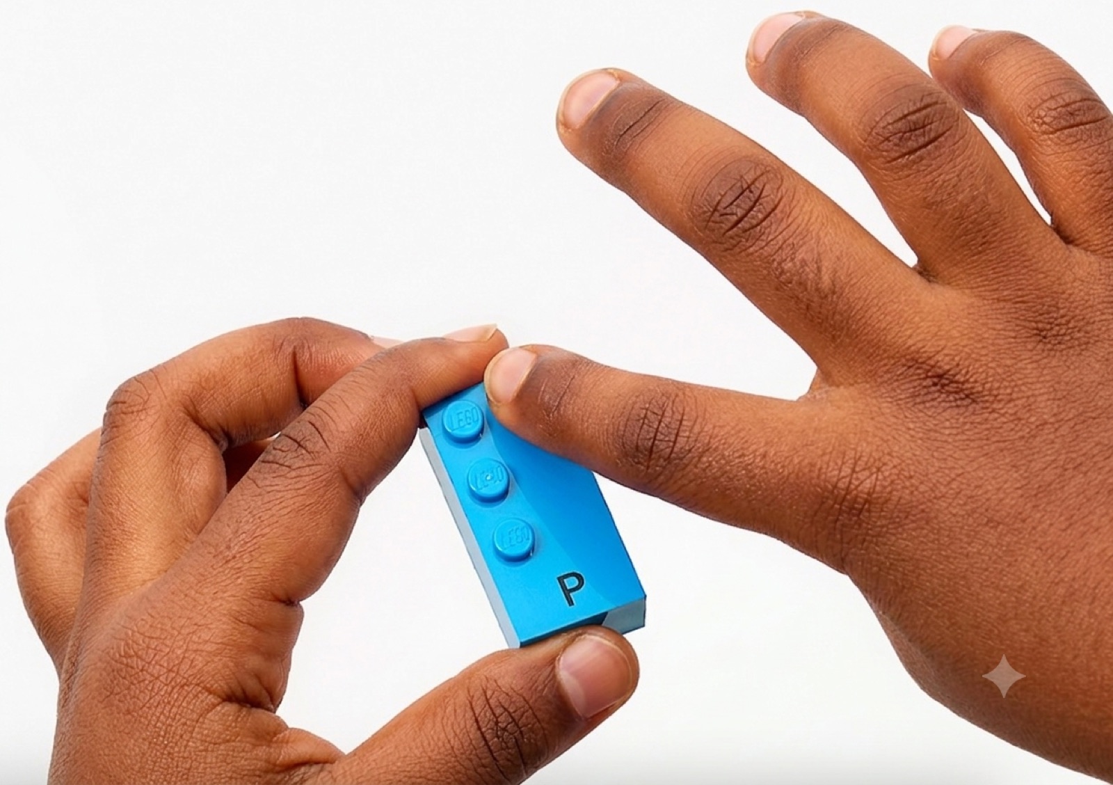Two hands examine a blue braille learning brick with raised dots and the printed letter P.