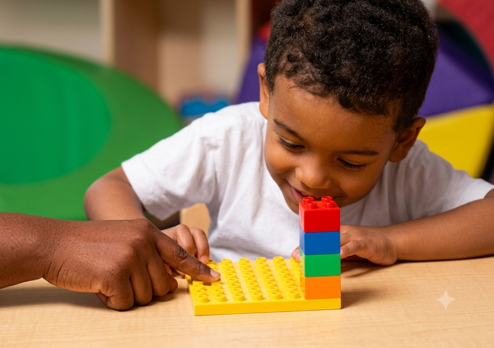 A young boy grins as he stacks red, blue, green, and orange bricks on a tactile baseplate, guided by a facilitator's hand.