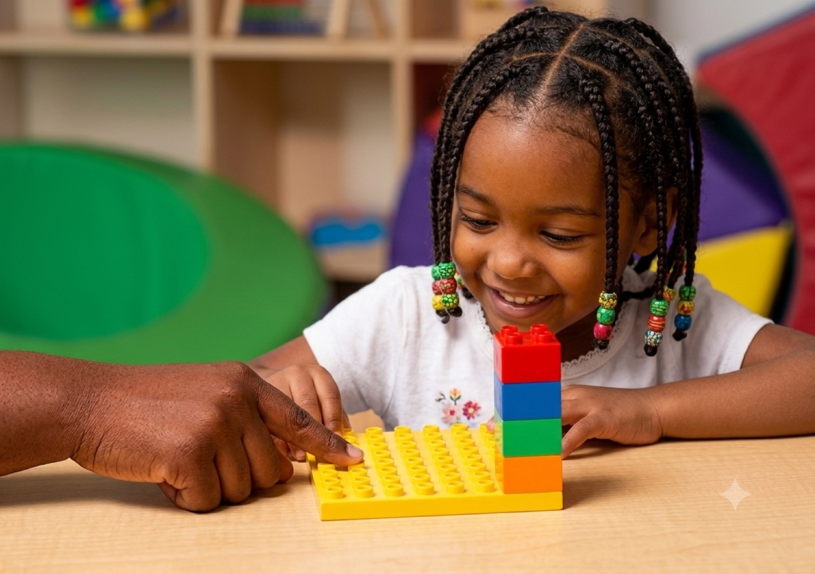 A facilitator guides a smiling young girl's hands across a tactile learning board with colourful bricks.